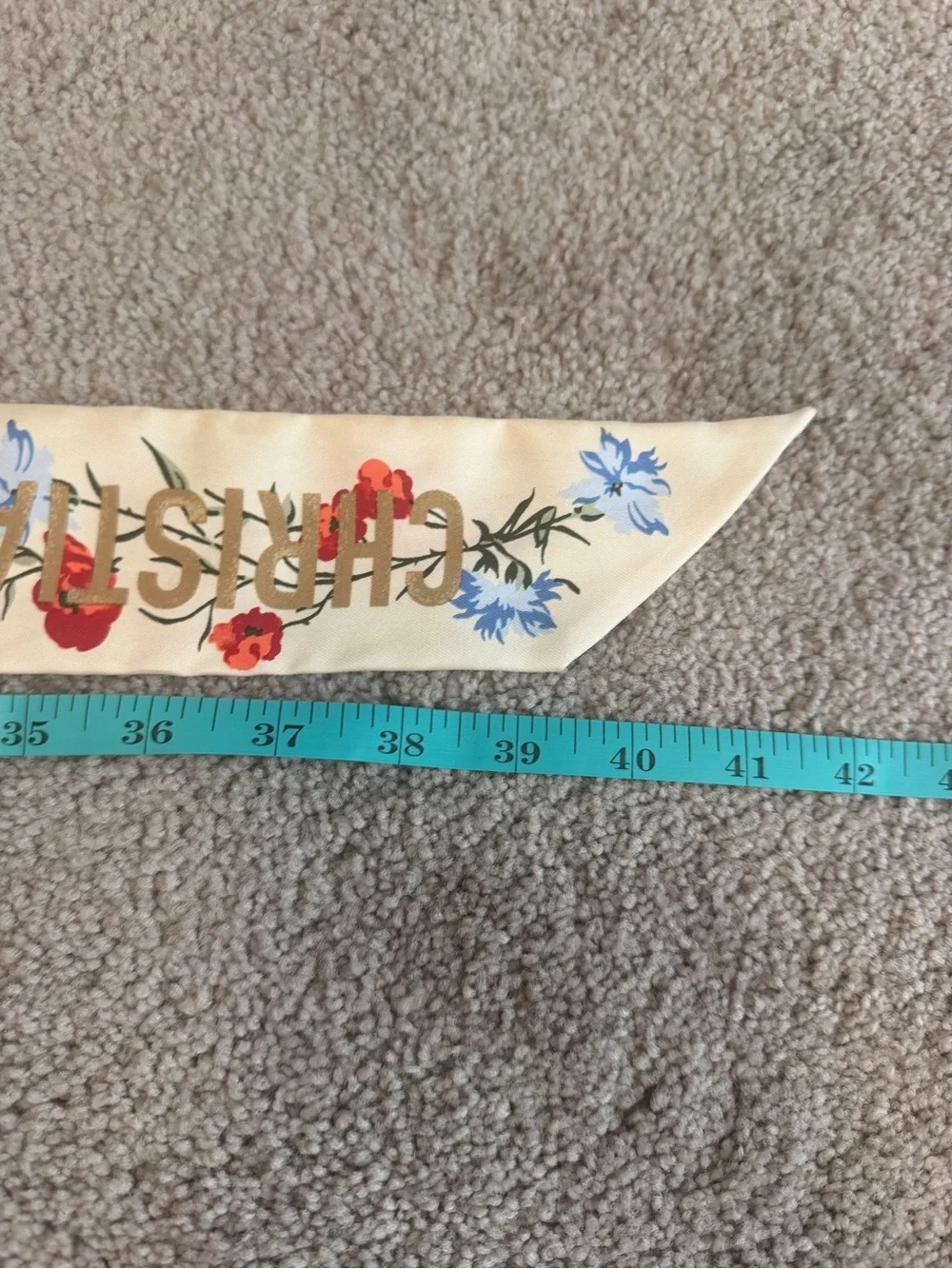 Dior Cream Silk Floral Bow Scarf with Red & Blue Blooms w/COA